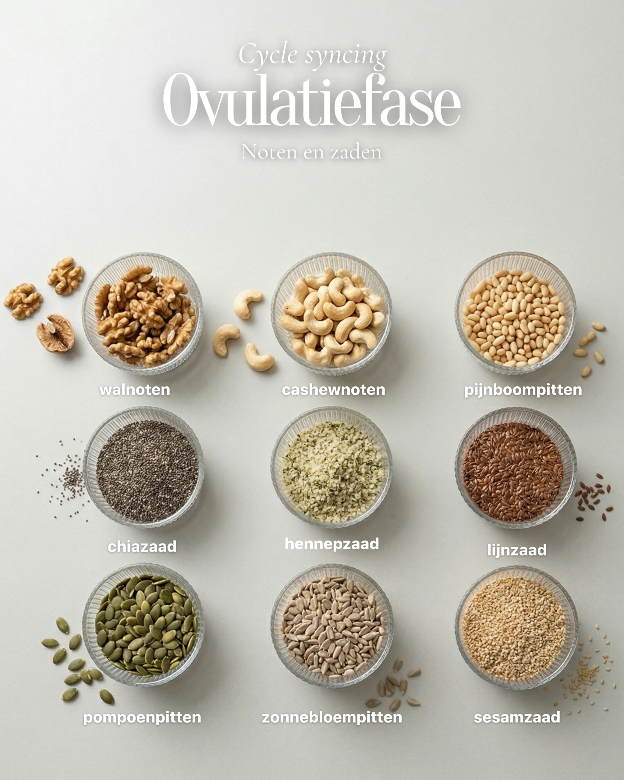 Een overzichtsfoto van Seed Cycling ingrediënten voor de ovulatie: rauwe zonnebloempitten, sesamzaad, sesampasta (tahin) en geweekte walnoten. Deze afbeelding illustreert hoe je met cycle syncing de hormoonbalans ondersteunt door na de eisprong over te stappen op zaden die de progesteronproductie voeden.
