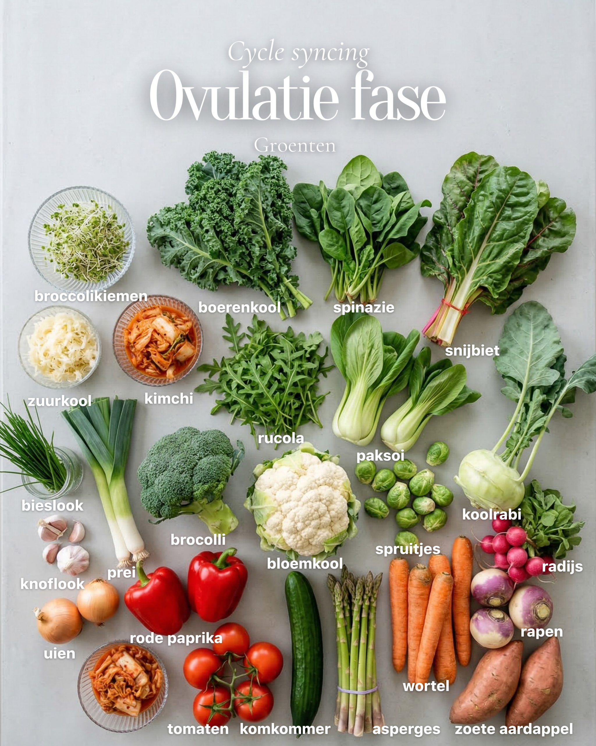 Een overzichtsfoto van een gevarieerde selectie kruisbloemige groenten (zoals rauwe broccoli en bloemkool), zwavelrijke uien en donkere bladgroenten. Deze afbeelding toont de essentiële groenten voor cycle syncing tijdens de ovulatiefase, specifiek geselecteerd om de lever te ondersteunen bij het veilig en efficiënt afbreken van de oestrogeenpiek.